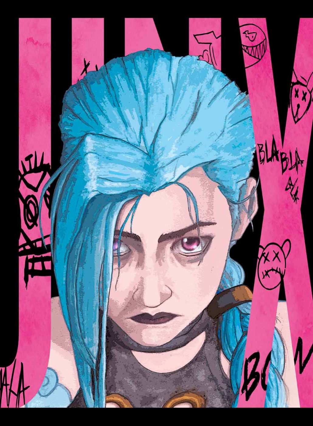 Dessin de Jinx (Arcane) réalisé à l'aquarelle avec retouche photoshop