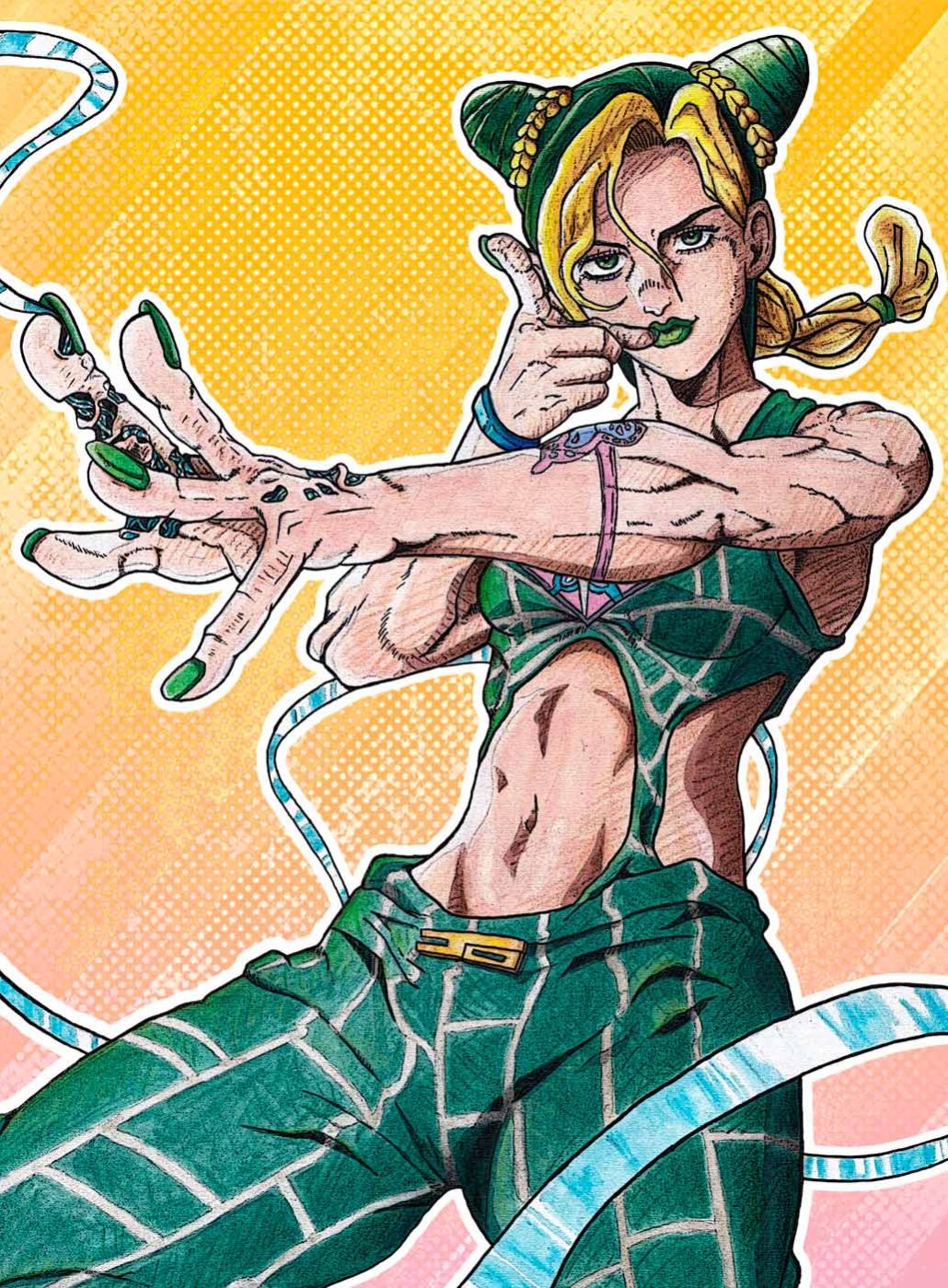 Dessin de Jolyne Cujoh (Jojo's Bizarre Adventure) réalisé à l'aquarelle et aux crayons de couleurs