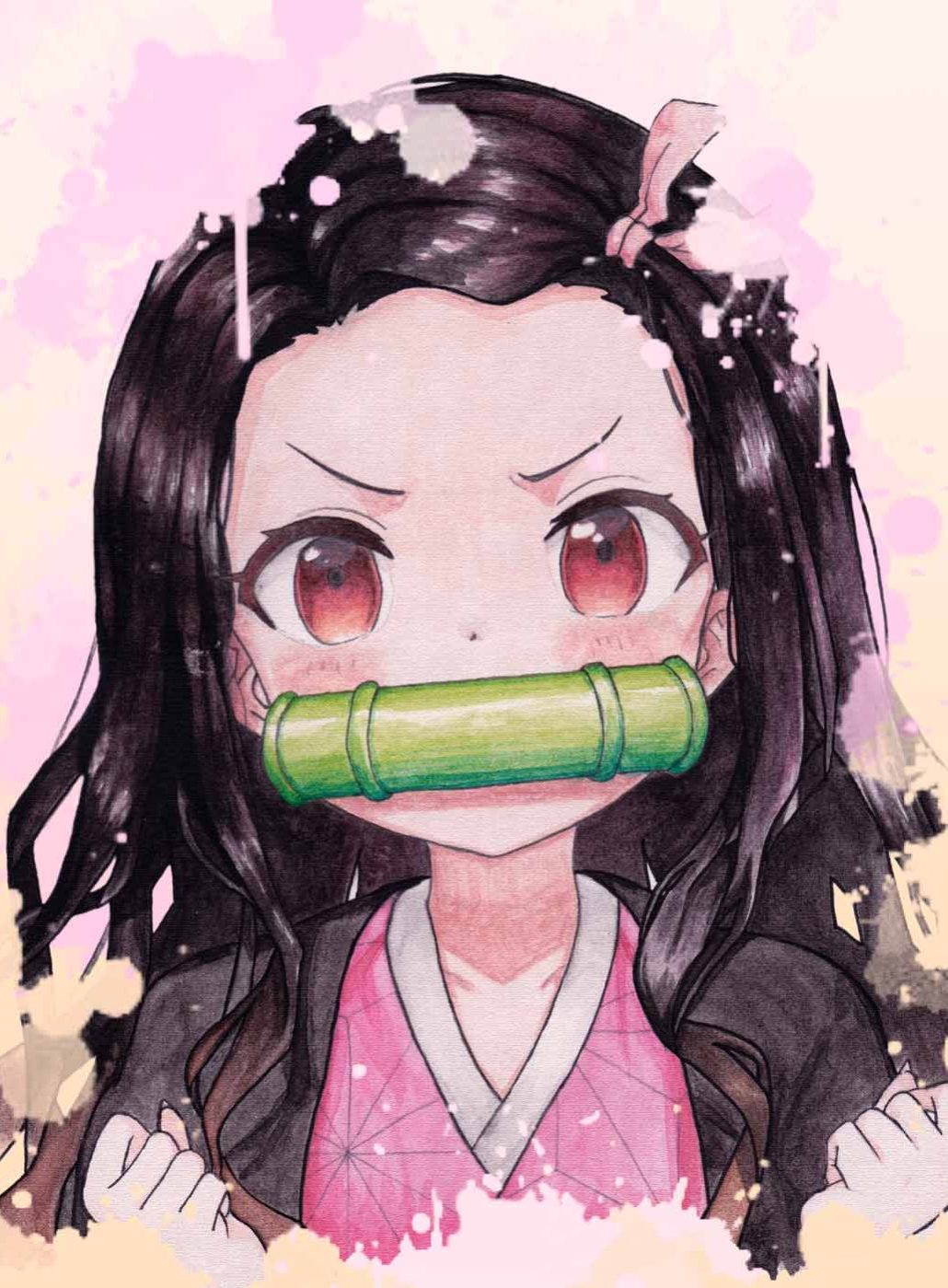 Dessin de Nezuko Kamado (Demon Slayer) réalisé à l'aquarelle